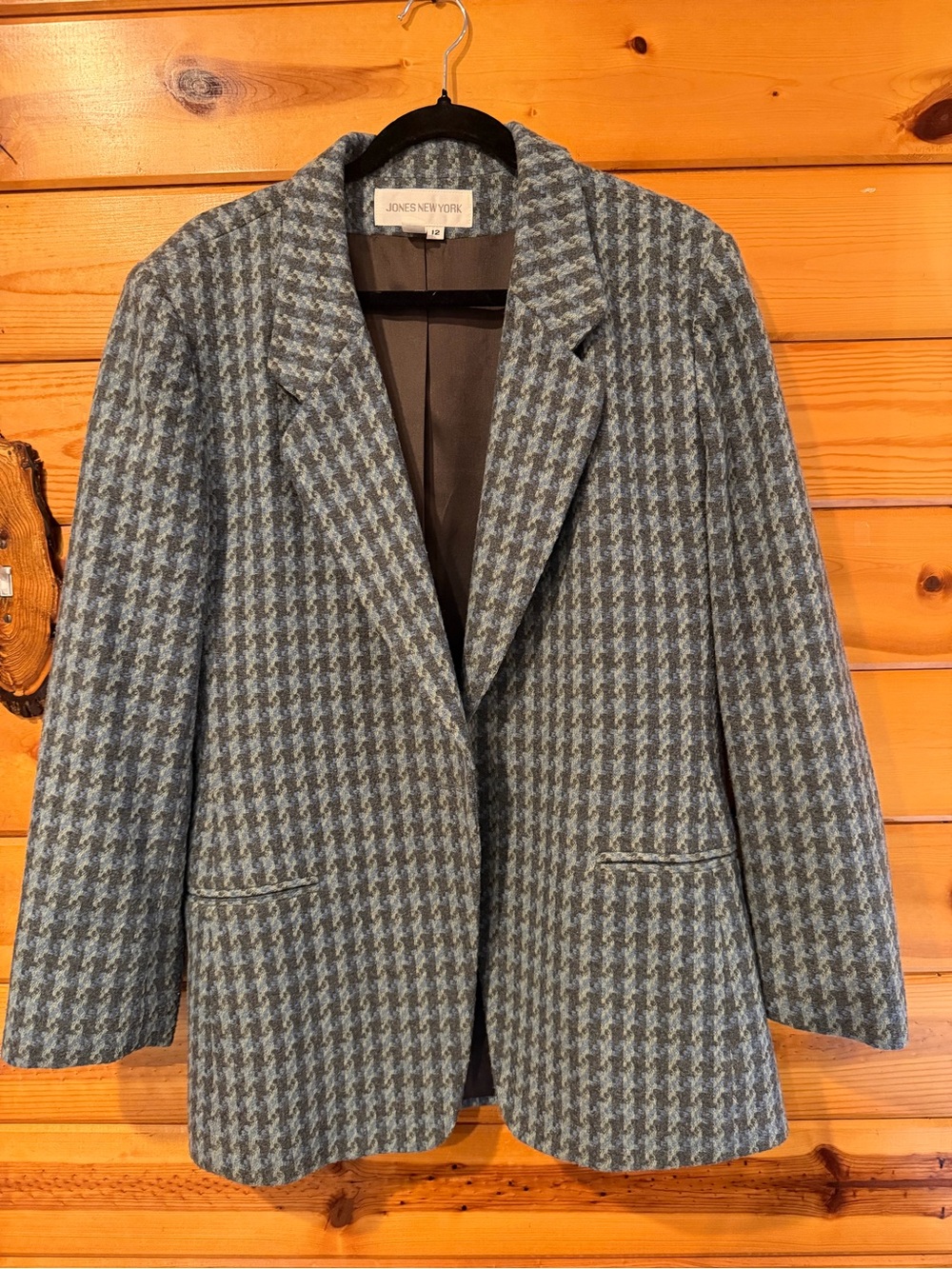 Jones New York Blue and Gray Houndstooth Wool Blazer